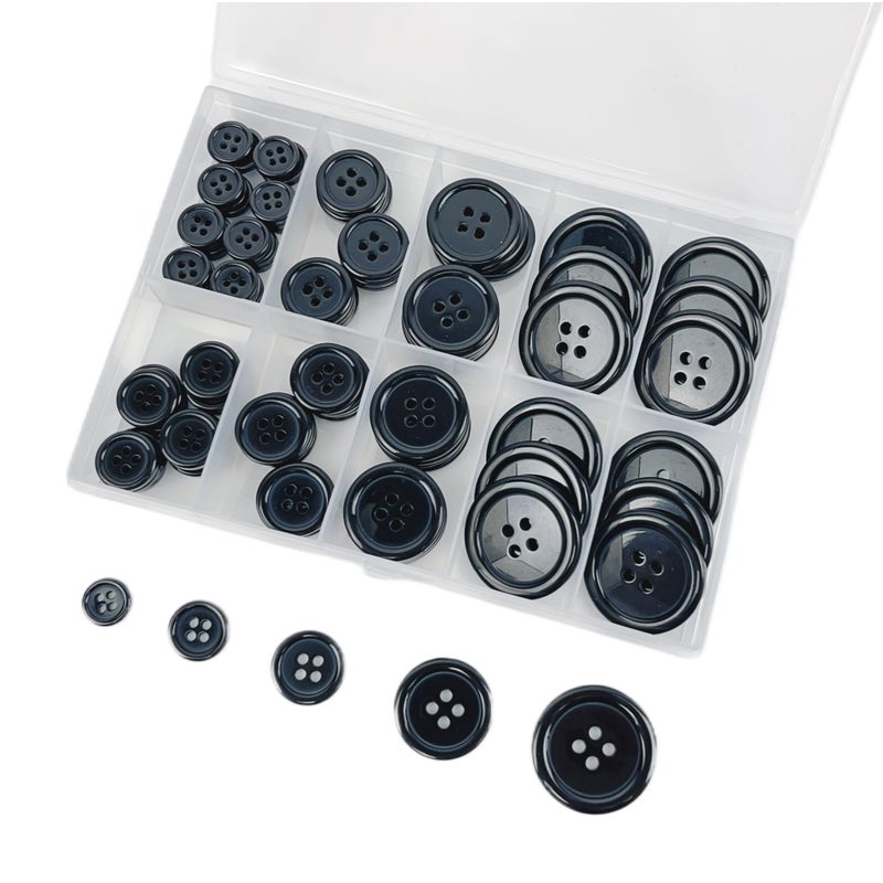 Wennuo 100Pcs Black Sewing Button,4-Hole Craft Buttons, 5 Sizes,with Compartment Storage Box, Suitable for Sewing,Clothes,Suit Coat Shirt Buttons,DIY Decoration (Black) - Image 1